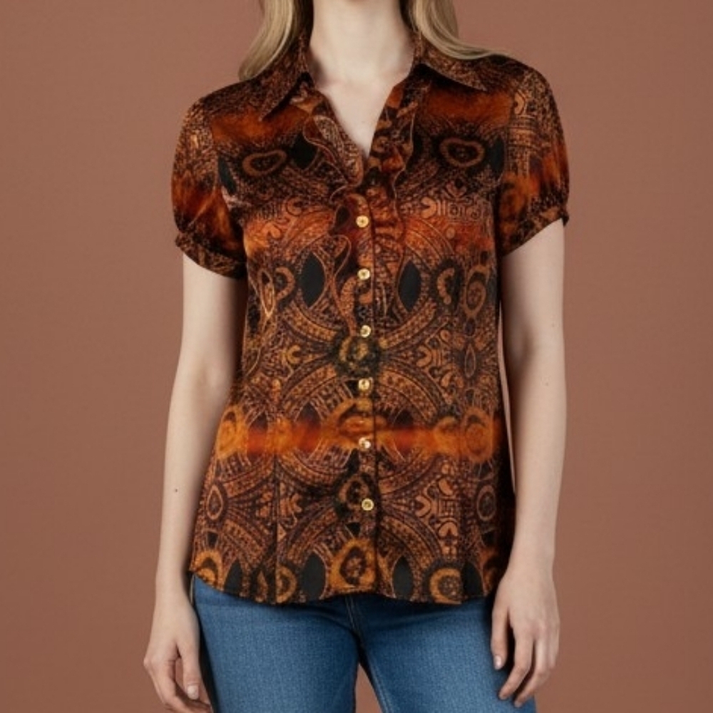 SPENSE Tribal Batik Satin Button Down Short Sleeve Shirt Small